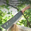 A sharp blade axe is shown splitting a log, demonstrating its ability to chop wood like vegetables.