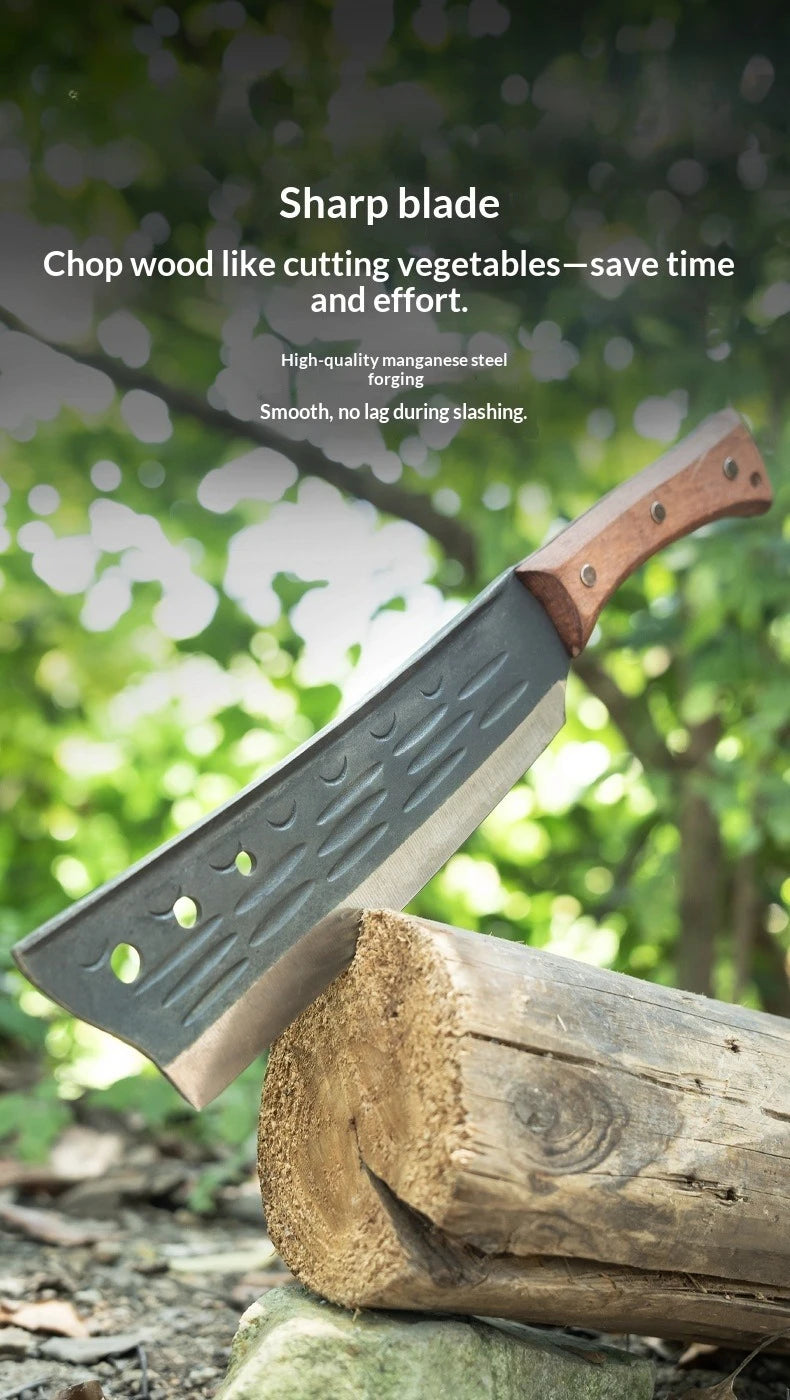 A sharp blade axe is shown splitting a log, demonstrating its ability to chop wood like vegetables.