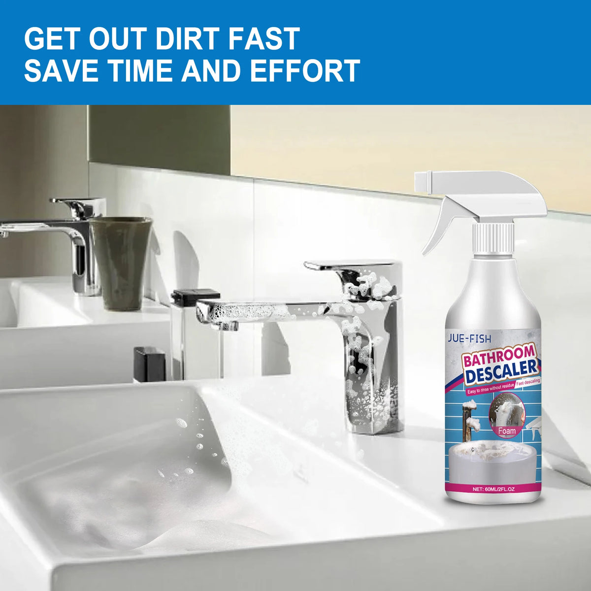 A bottle of bathroom descaler spray is shown next to a kitchen sink faucet and a white countertop.