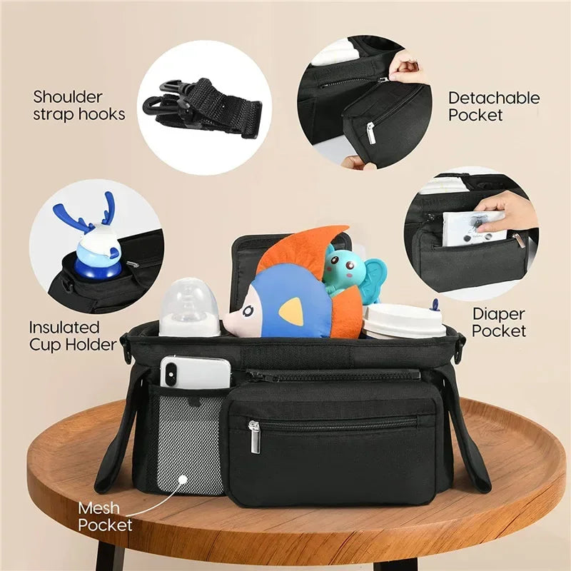 Universal Stroller Organizer with Insulated Cup Holders and Detachable Phone Bag