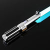 A silver lightsaber with a blue glowing blade and metallic hilt is shown against a black background.