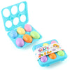 A blue egg sorter toy with multiple colored and shaped eggs for toddlers.