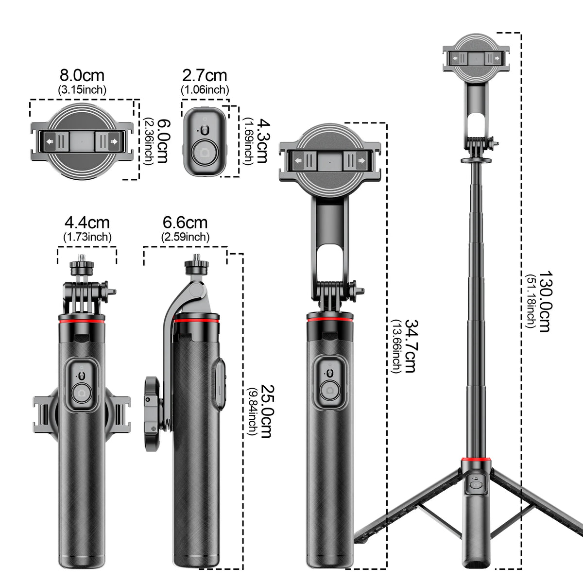 A magnetic selfie stick tripod with a Bluetooth remote and various accessories shown in detail.