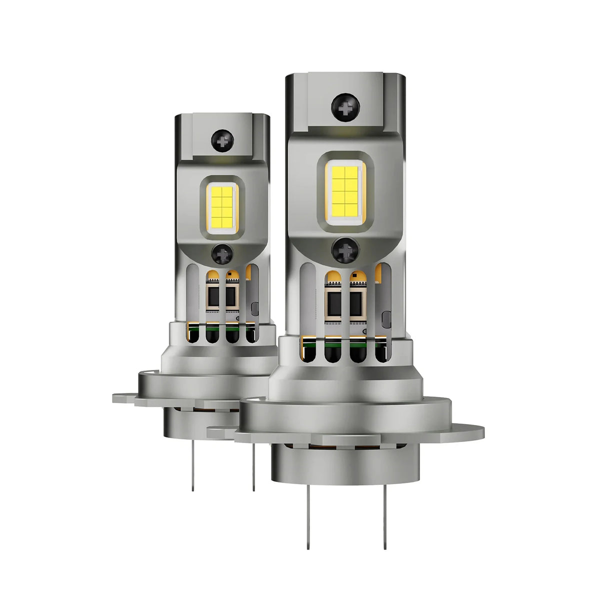A pair of silver LED headlight bulbs with integrated housing and electrical contacts.