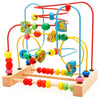 A wooden bead maze toy with colorful rings and rods for toddlers.