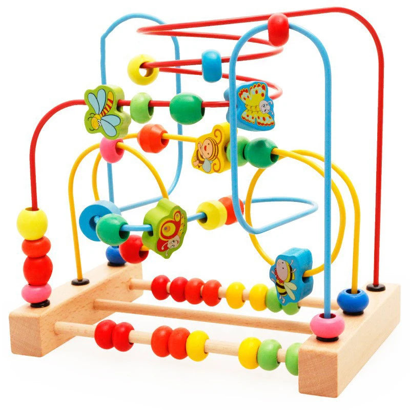 A wooden bead maze toy with colorful rings and rods for toddlers.