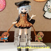 A female BJD doll wearing a black and brown maid dress outfit with a black cap and long gloves.