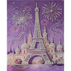 A painting featuring the Eiffel Tower and Parisian architecture rendered in textured white and pink pearls on a purple backgr