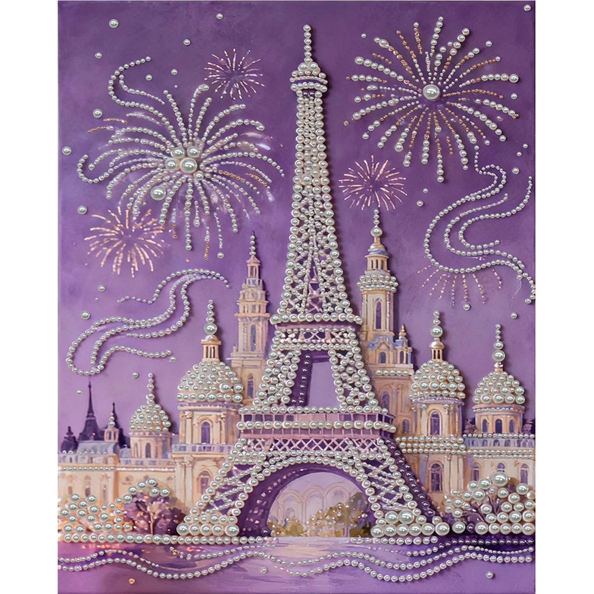 A painting featuring the Eiffel Tower and Parisian architecture rendered in textured white and pink pearls on a purple backgr