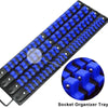 A black and blue socket organizer tray with multiple sockets and a handle.