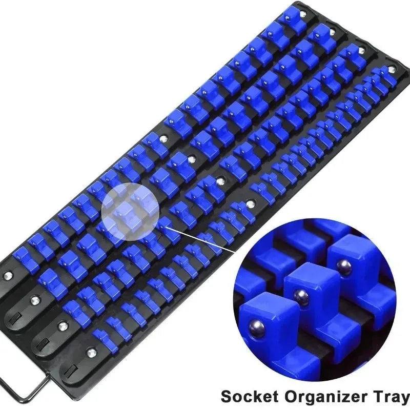 A black and blue socket organizer tray with multiple sockets and a handle.