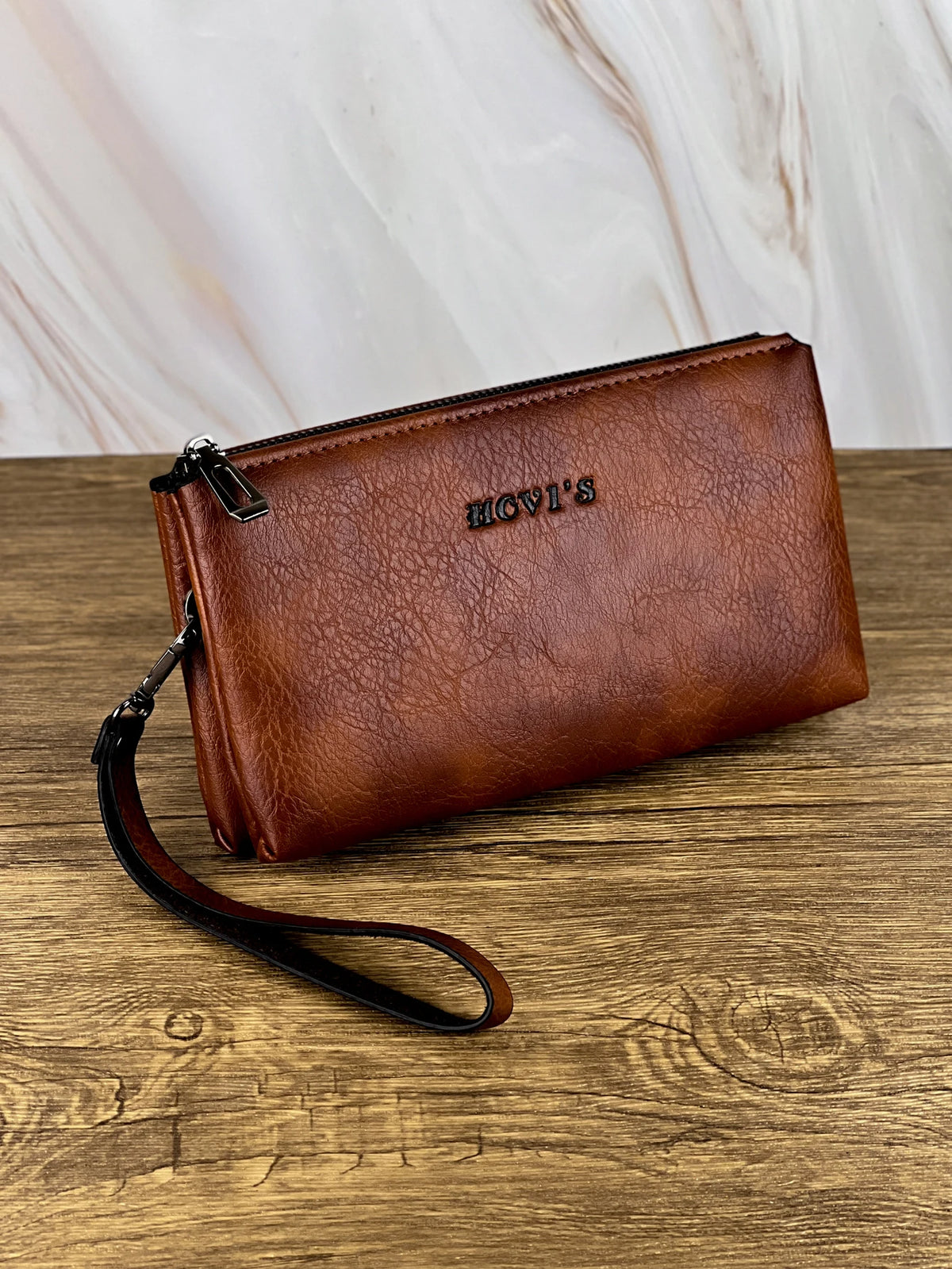 Men's Classic Leather Clutch Bag with Dual Zip Compartments