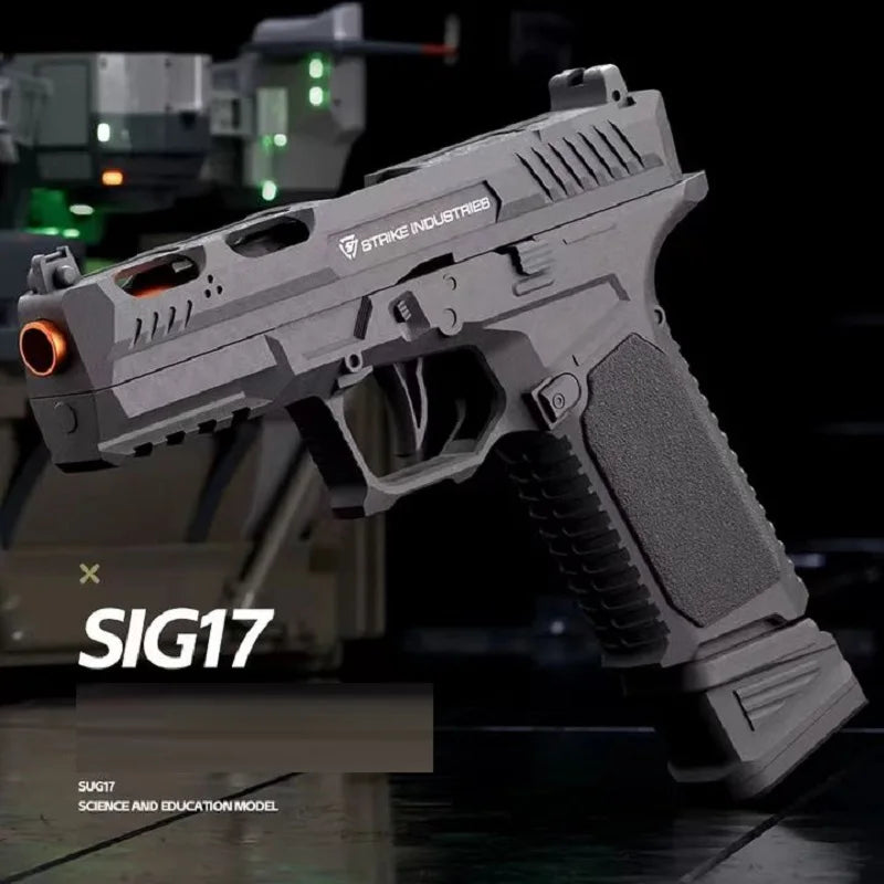 A close-up view of a gray SIG17 pistol model with an orange light, shown in a dark setting.