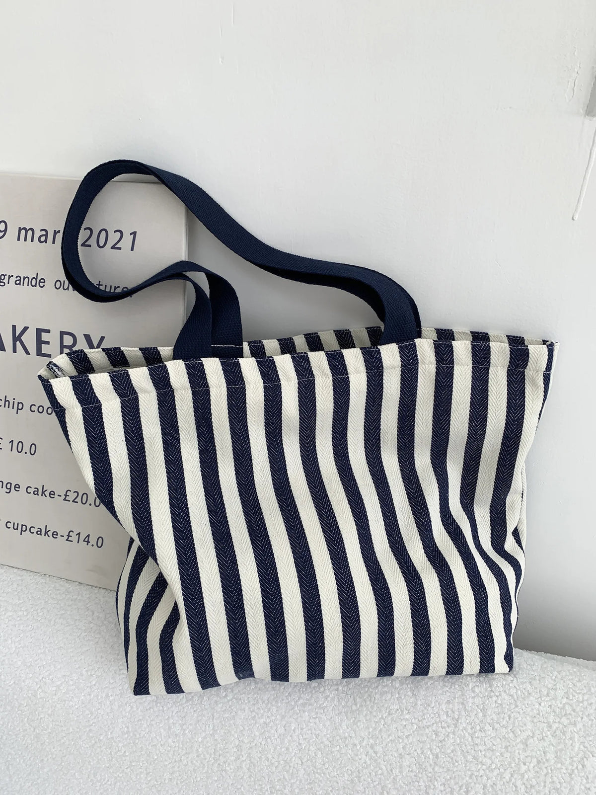 Striped Canvas Shoulder Tote Bag
