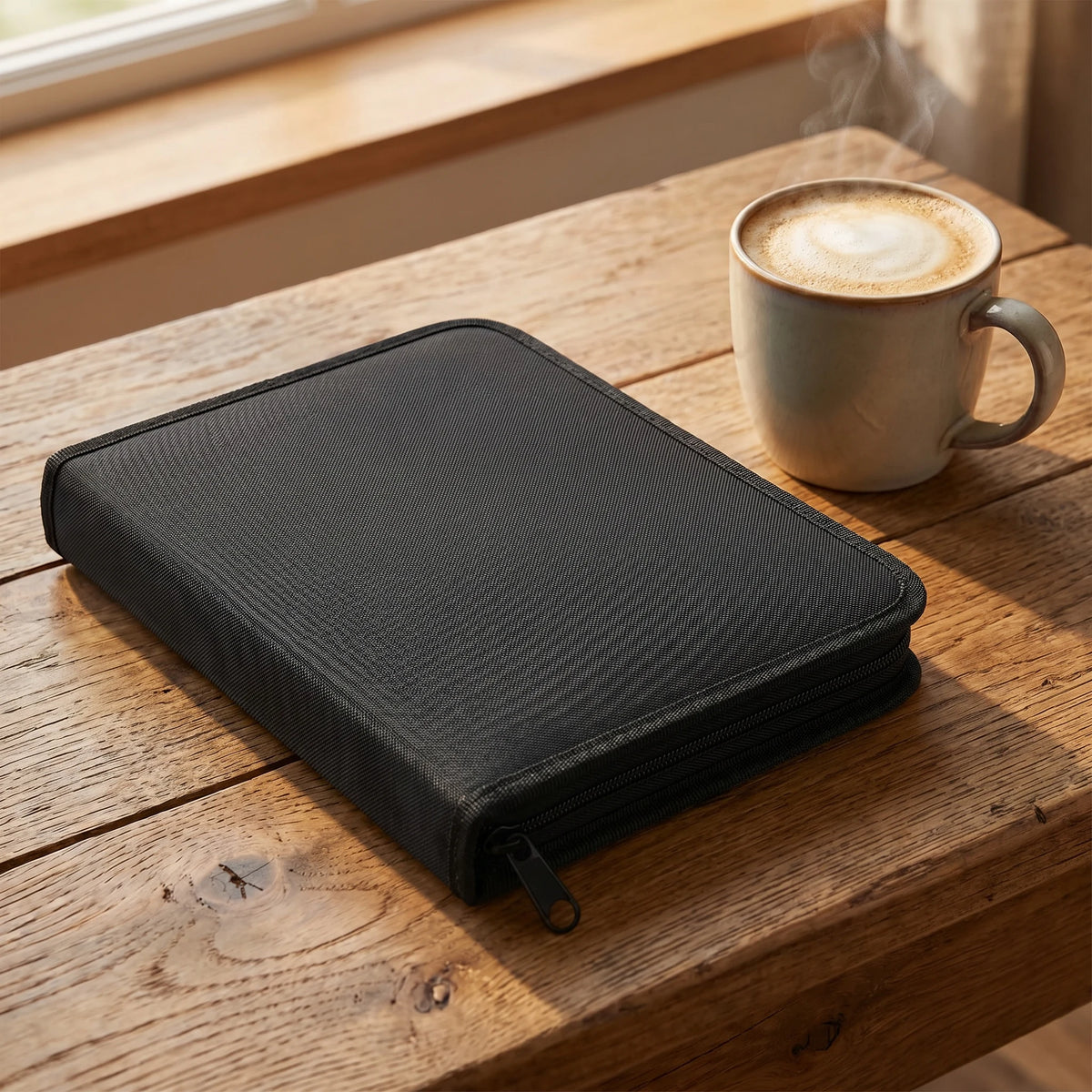 A black zippered pouch containing drawing tools like graphite and charcoal pencils rests on a wooden table next to a cup of c