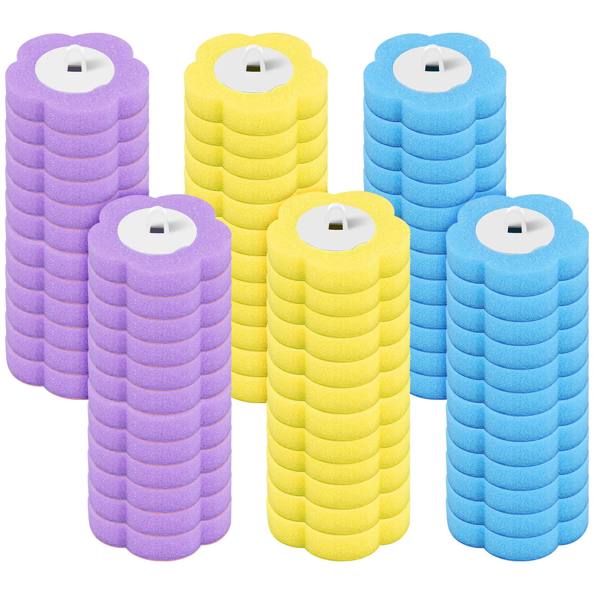 Un set de cinq têtes de brosse à toilettes jetables de couleur violette, jaune et bleue avec de longues poignées.