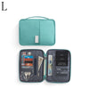 A teal waterproof family passport and document organizer wallet shown closed and open.