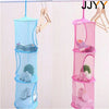 A 3-tier mesh hanging storage organizer with pink and blue accents, designed for closet or door storage.
