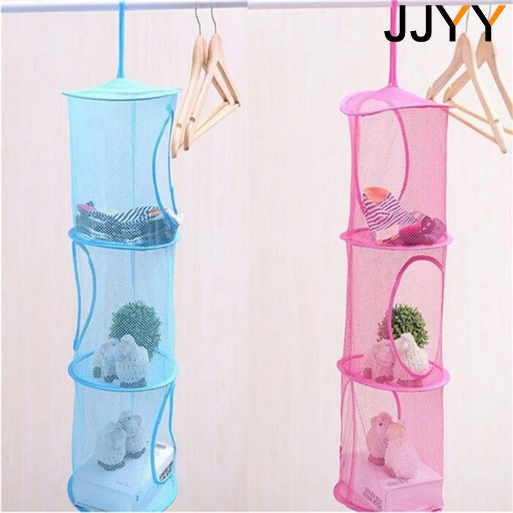 A 3-tier mesh hanging storage organizer with pink and blue accents, designed for closet or door storage.