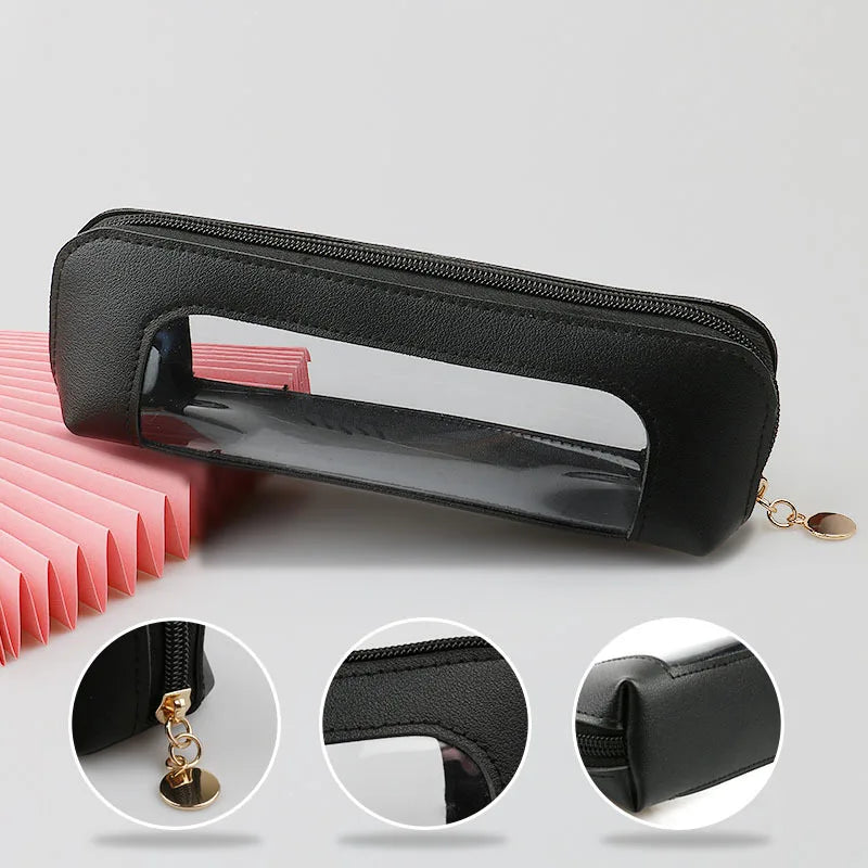 Black leather trim clear waterproof travel makeup organizer pouch shown from various angles