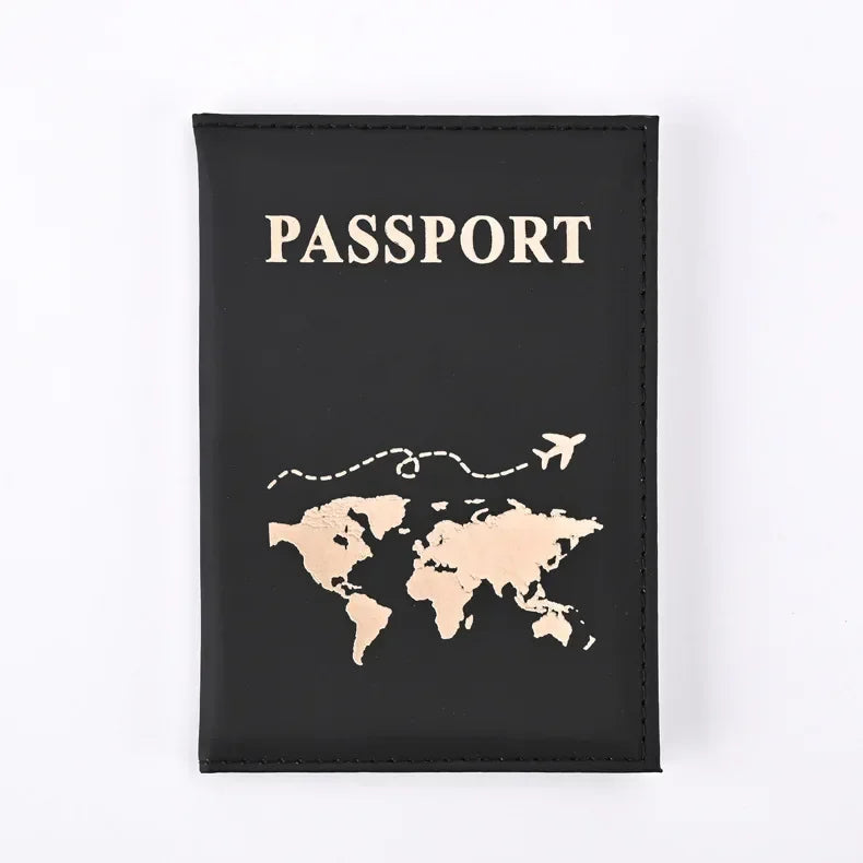 Schwarzes Leder-Passbehörde-Hülle mit goldfarbener Weltkarten-Design.