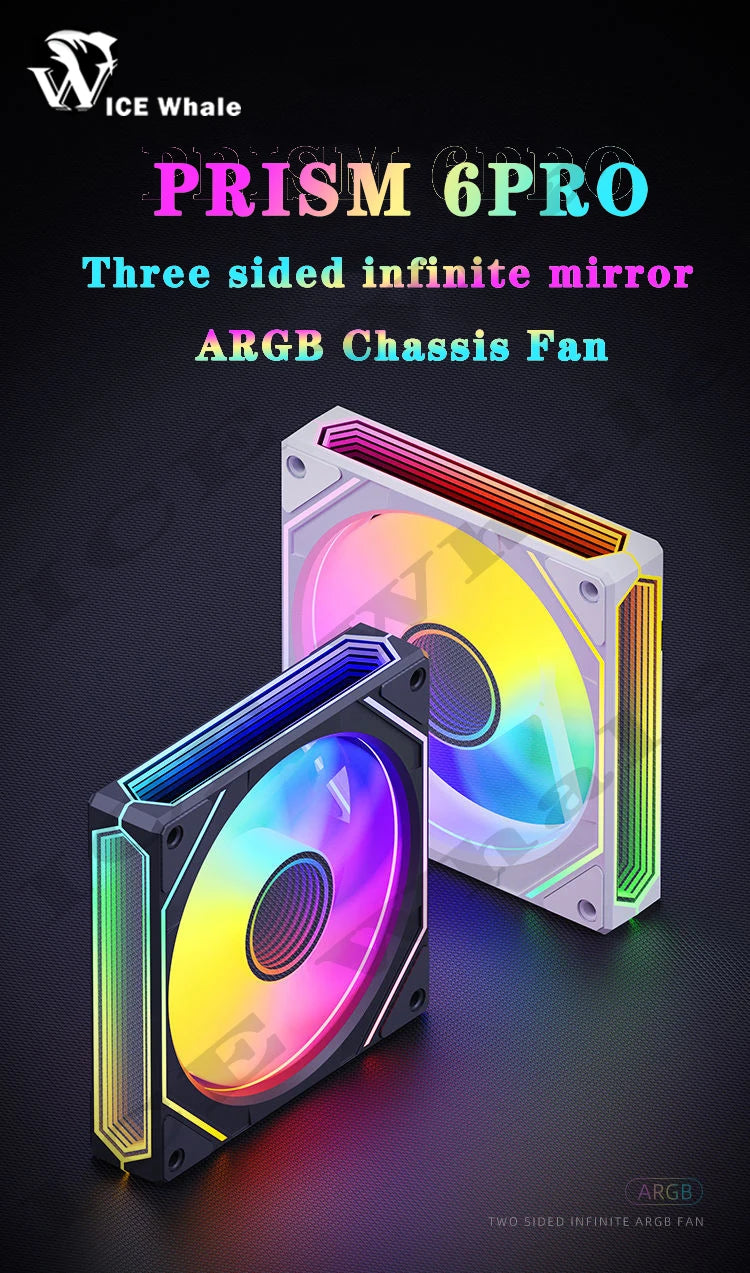 Prisma 6pro ARGB Gehäuseventilator mit dreiseitigem Spiegeldesign in verschiedenen Farben.