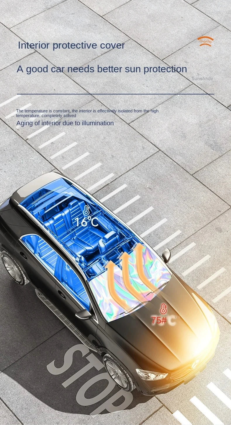 A blue interior protective cover sunshade is shown on a car windshield, illustrating temperature protection.