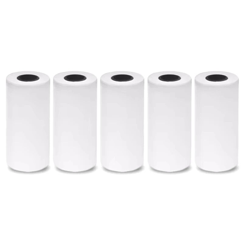A set of five white rolls of portable Bluetooth thermal printer paper.