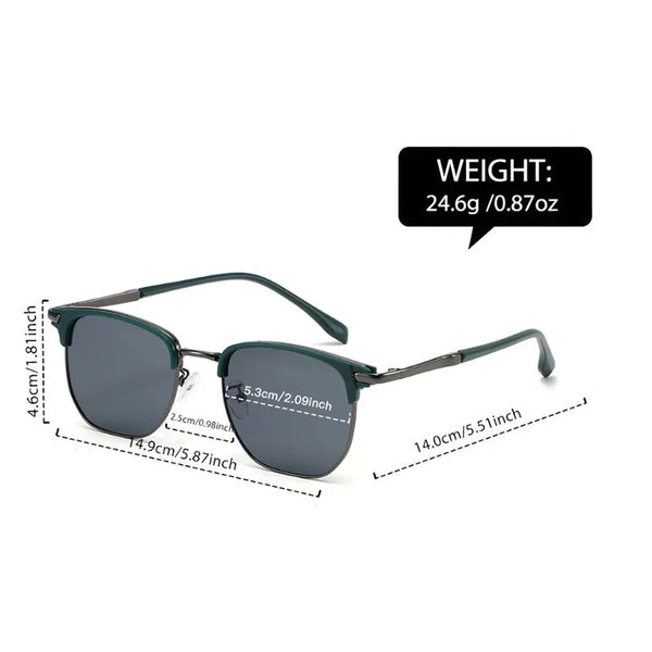 Vintage square metal frame sunglasses with dark lenses and arms shown against a white background.
