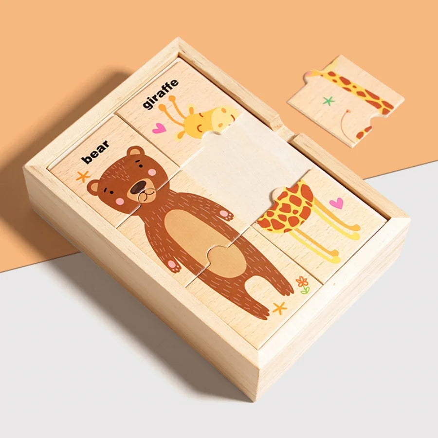 A wooden alphabet puzzle featuring animals like a bear, giraffe, and other creatures for early learning.