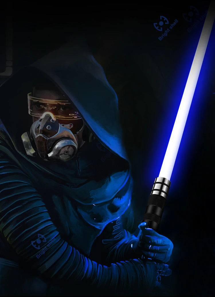 A person wearing a dark hooded cloak is holding a glowing blue lightsaber in a dark environment.