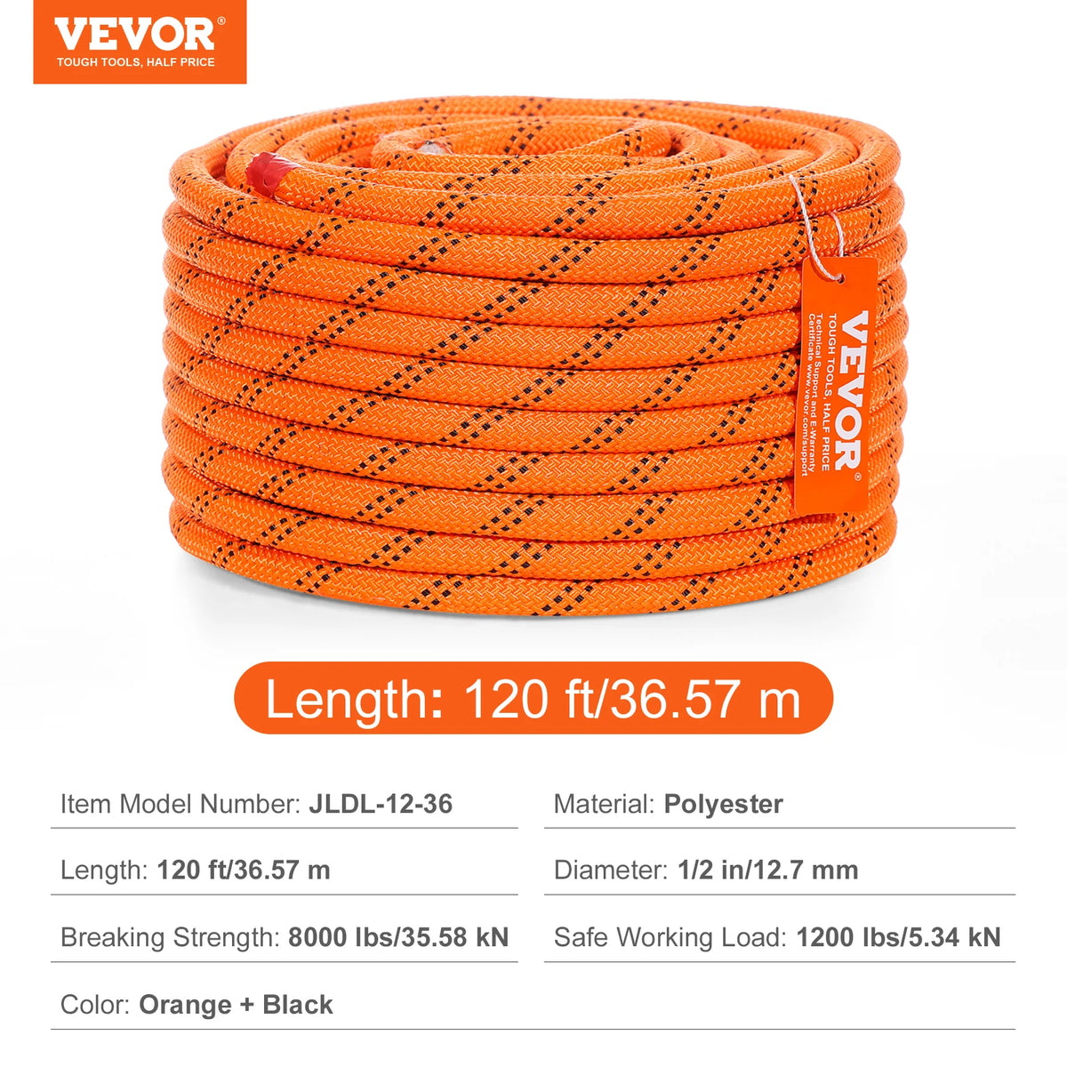 Orange and black double-braided polyester rope measuring 120 feet for climbing and rigging