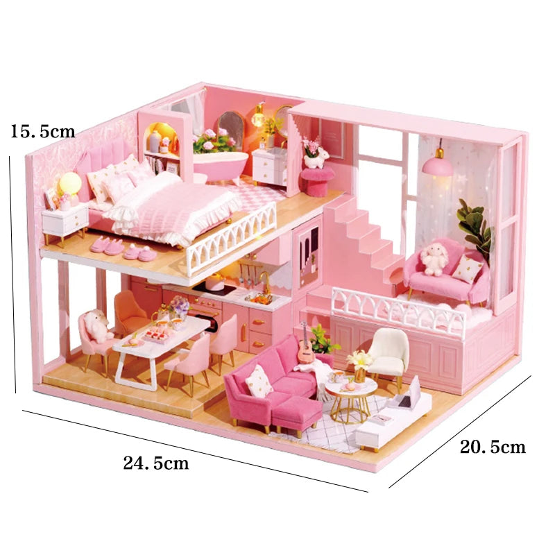 Pink wooden dollhouse miniature building kit with furniture featuring a bedroom, dining area, and living space.