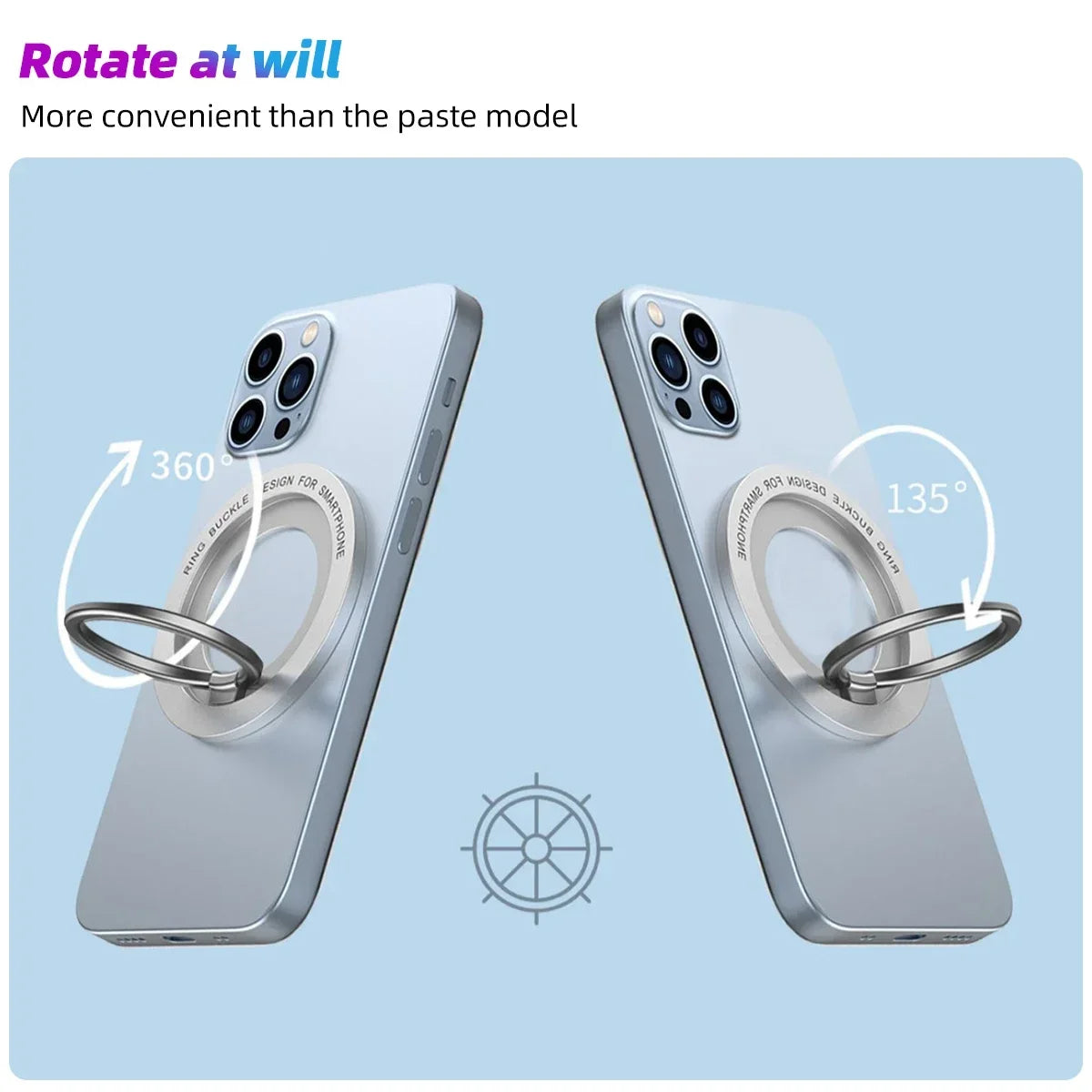 A silver magnetic phone holder ring stand demonstrating 360 and 135 degree rotation for convenient phone support.