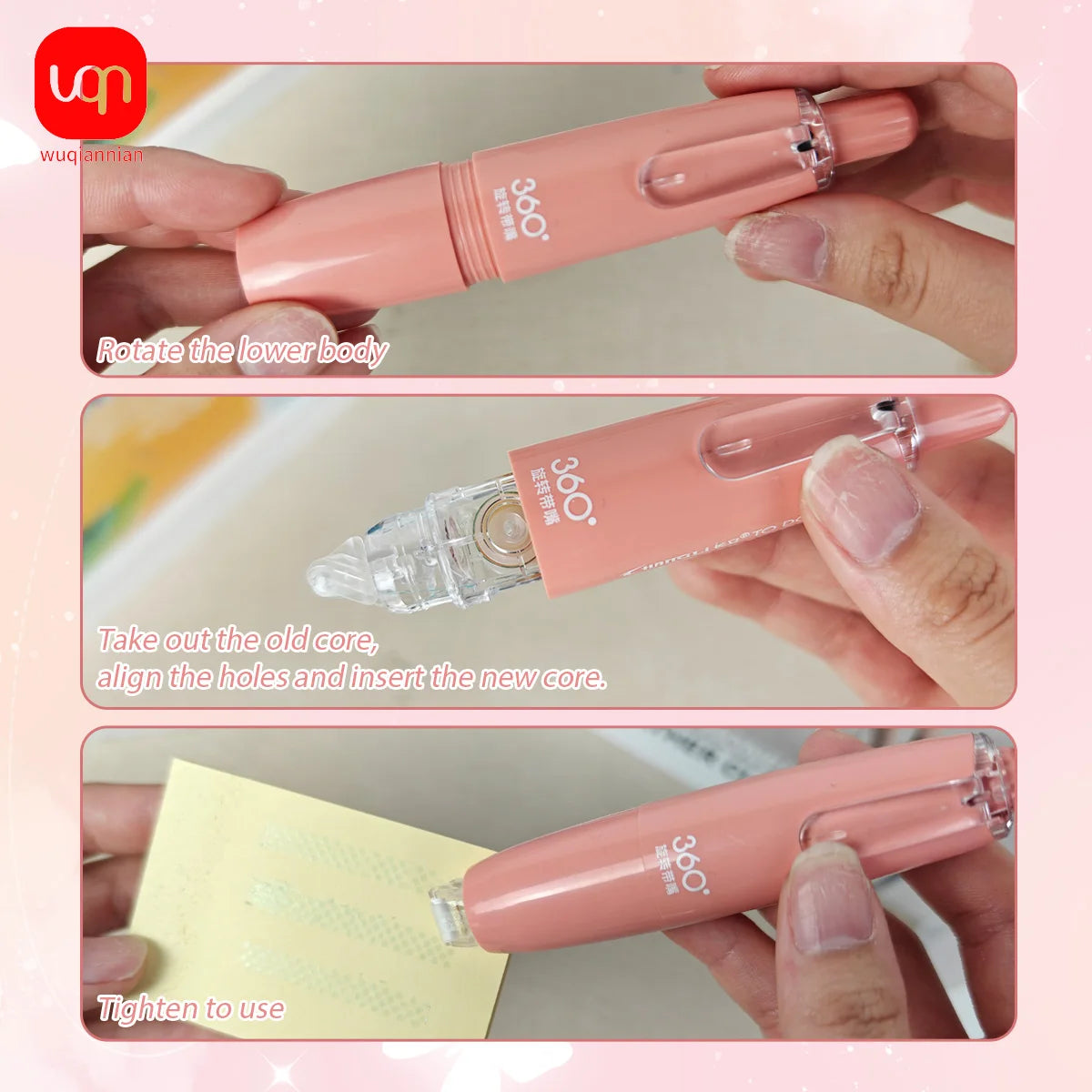 Hands demonstrate how to rotate the lower body, remove an old core, and insert a new core into a pink retractable tape roller