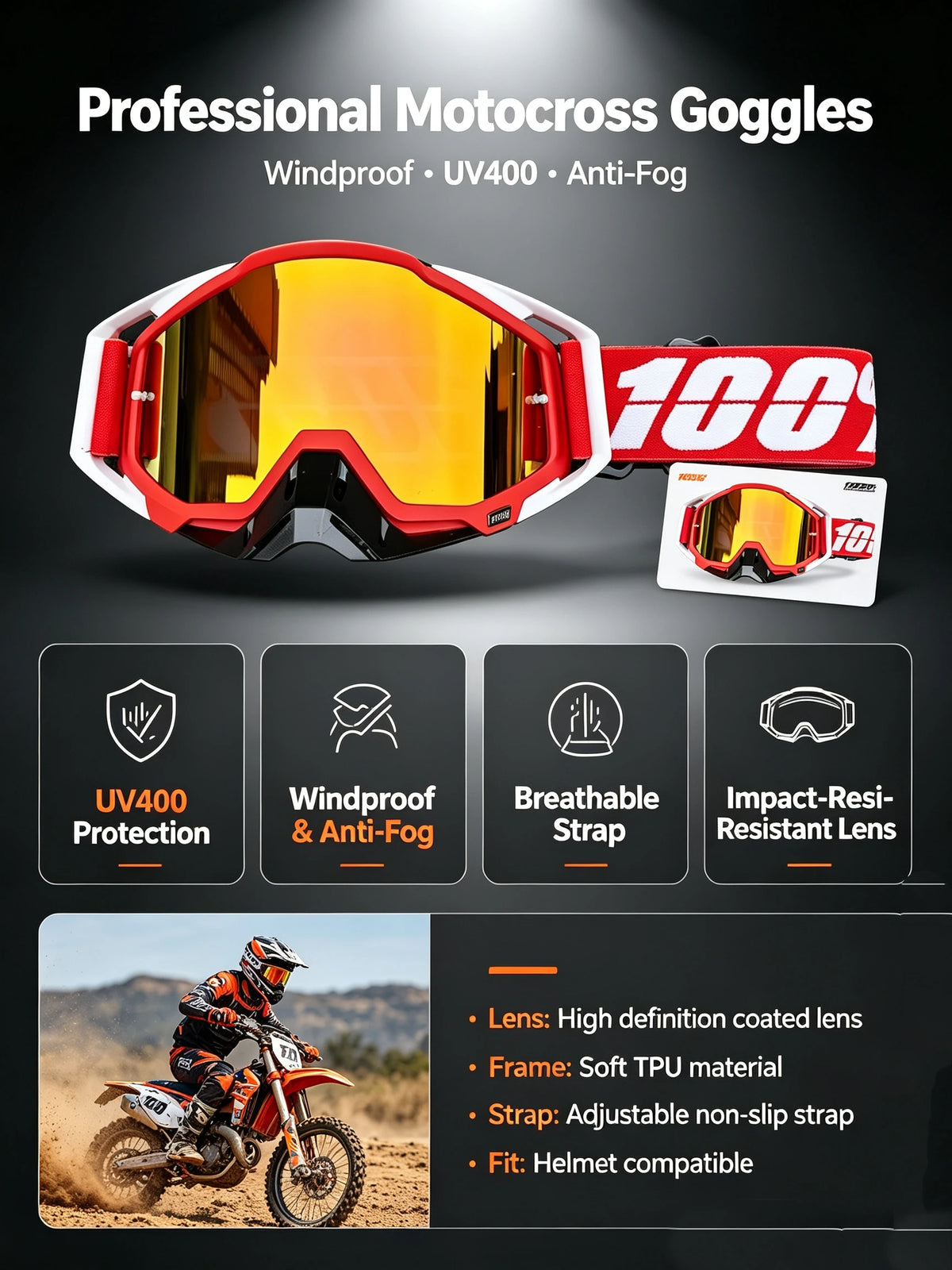 A pair of red and black motocross goggles with yellow lenses shown against a dark background.