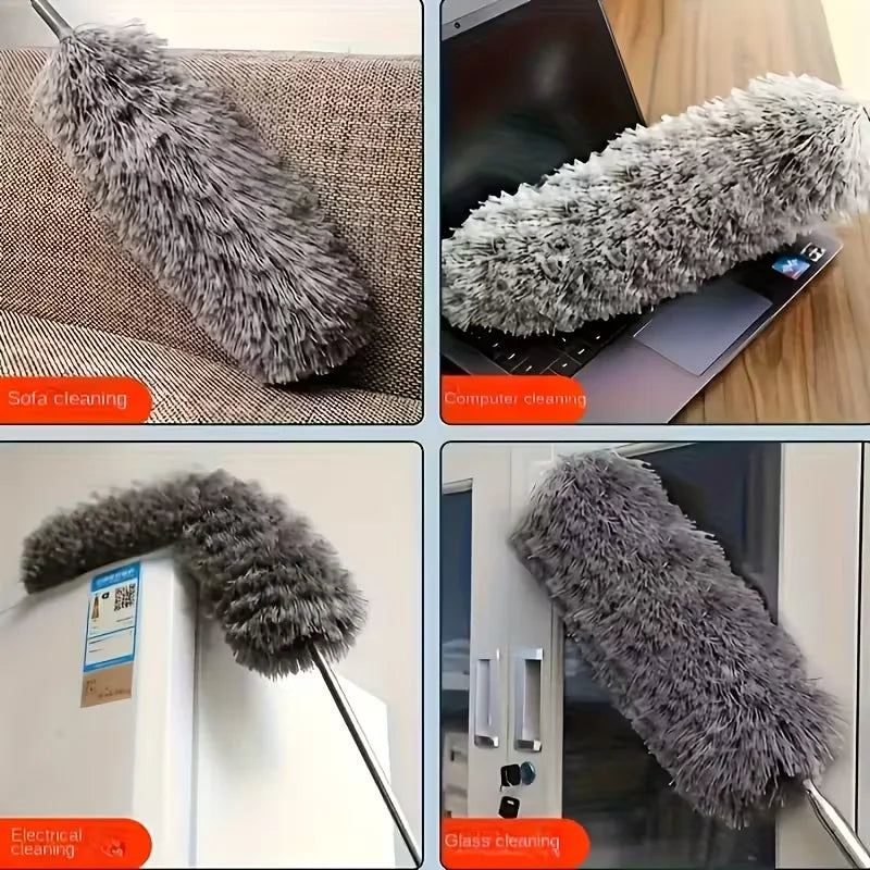 Extendable microfiber duster with flexible head used for sofa, computer, and glass cleaning.