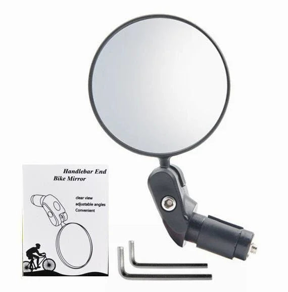 A black handlebar end bike mirror with a clear view and adjustable angles.
