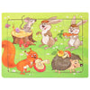 A green wooden jigsaw puzzle featuring several woodland animals including a mouse, rabbits, and a fox.