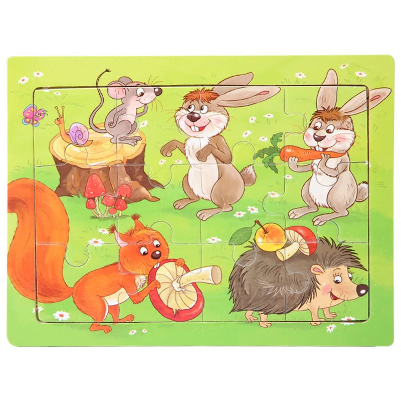 A green wooden jigsaw puzzle featuring several woodland animals including a mouse, rabbits, and a fox.