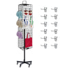 A black grid hook display rack holding five pairs of clothespins and various hanging items.