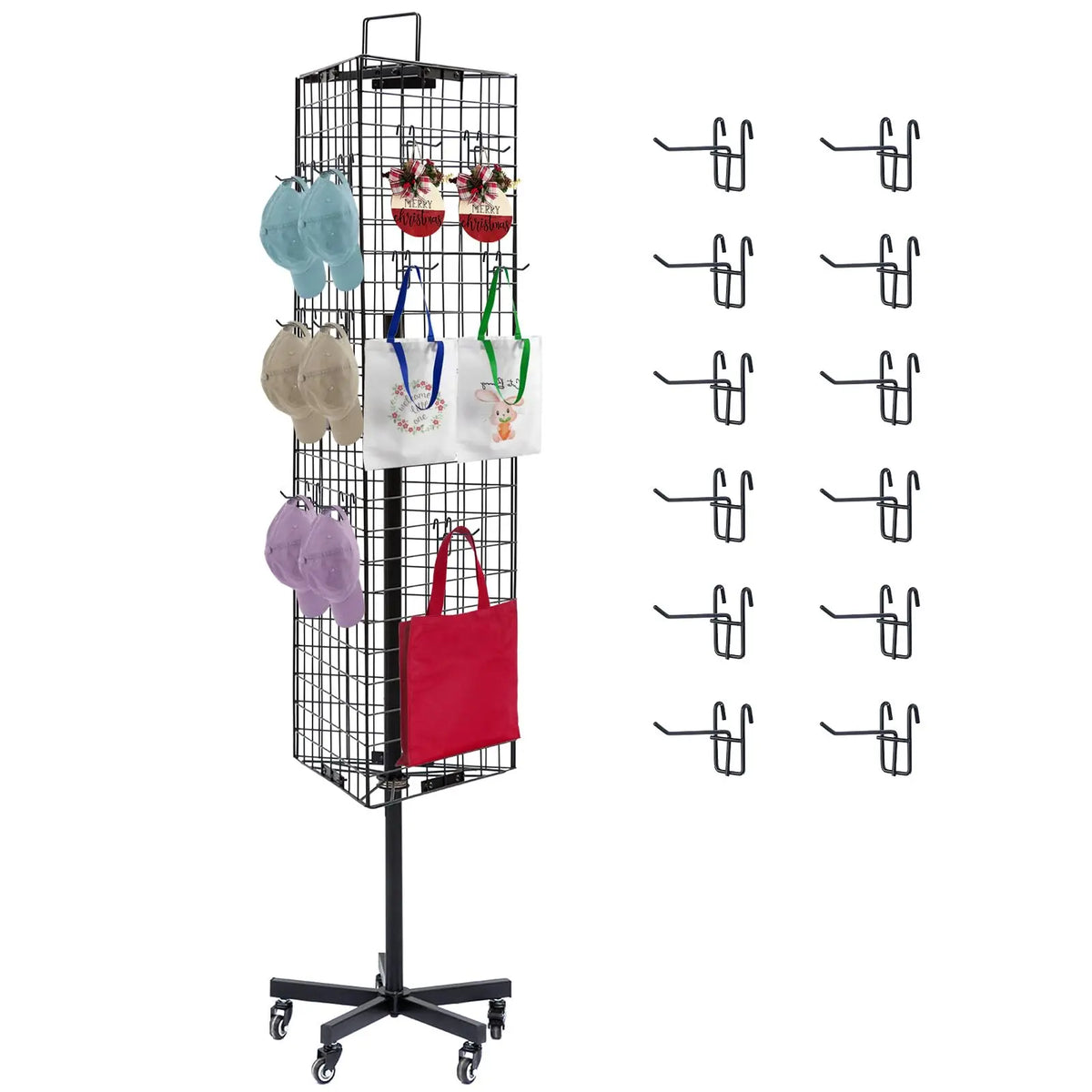 A black grid hook display rack holding five pairs of clothespins and various hanging items.