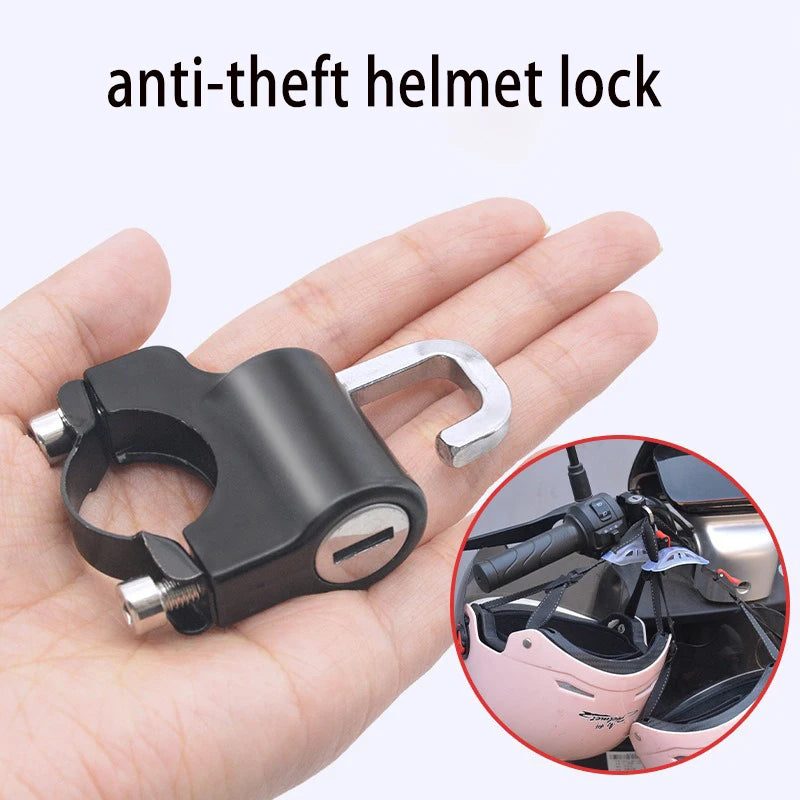 A black anti-theft helmet lock is shown being held in a hand, with an inset showing it mounted on a bicycle handlebar.