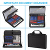 A black fireproof waterproof document organizer bag with multiple compartments shown in various open and closed views.