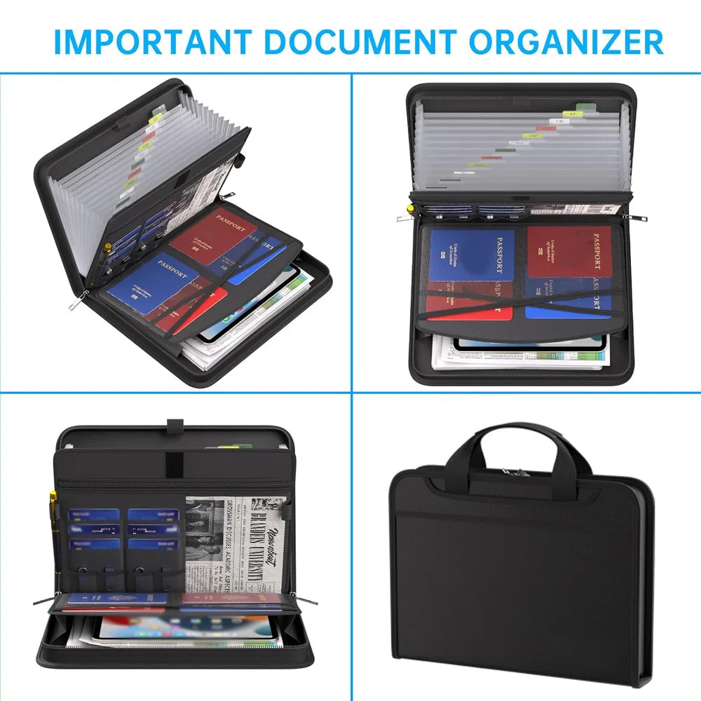 A black fireproof waterproof document organizer bag with multiple compartments shown in various open and closed views.