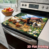 A 2D flat printing of a farm animal barn scene featuring various chickens, cows, and other livestock on a kitchen mat.