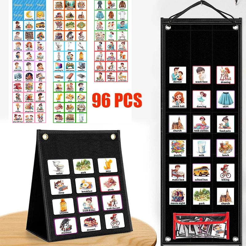 A set of 96 visual schedule cards for kids showing daily routines and chores in various activities