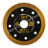 A circular saw blade with a gold-colored edge and a black center, featuring Chinese text and dimensions.
