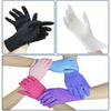 A collage showing various colors and styles of disposable nitrile gloves being worn on hands.