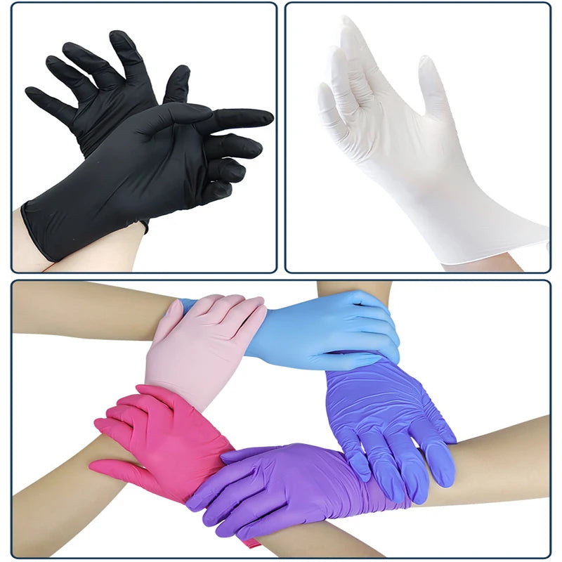 A collage showing various colors and styles of disposable nitrile gloves being worn on hands.